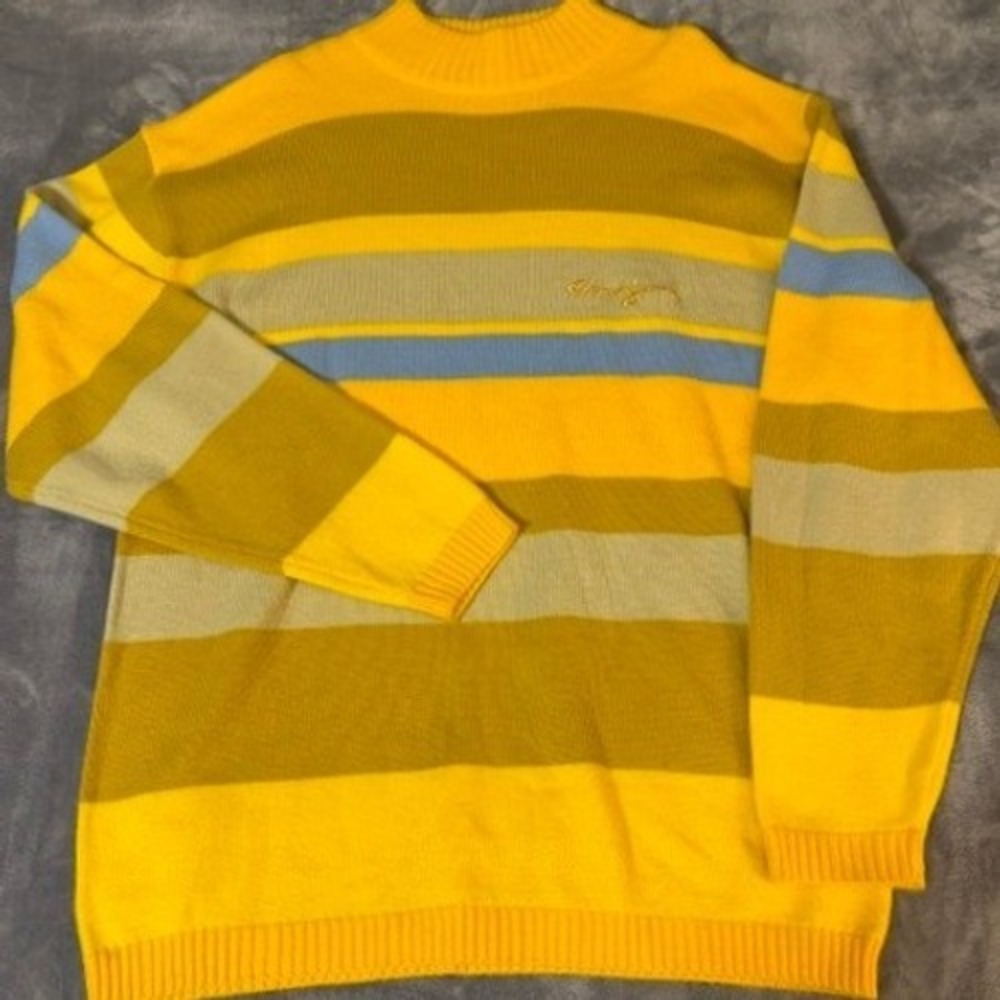 Vintage Clench Jeans Striped Sweater Mens XXL Yellow Blue Mock Neck Streetwear